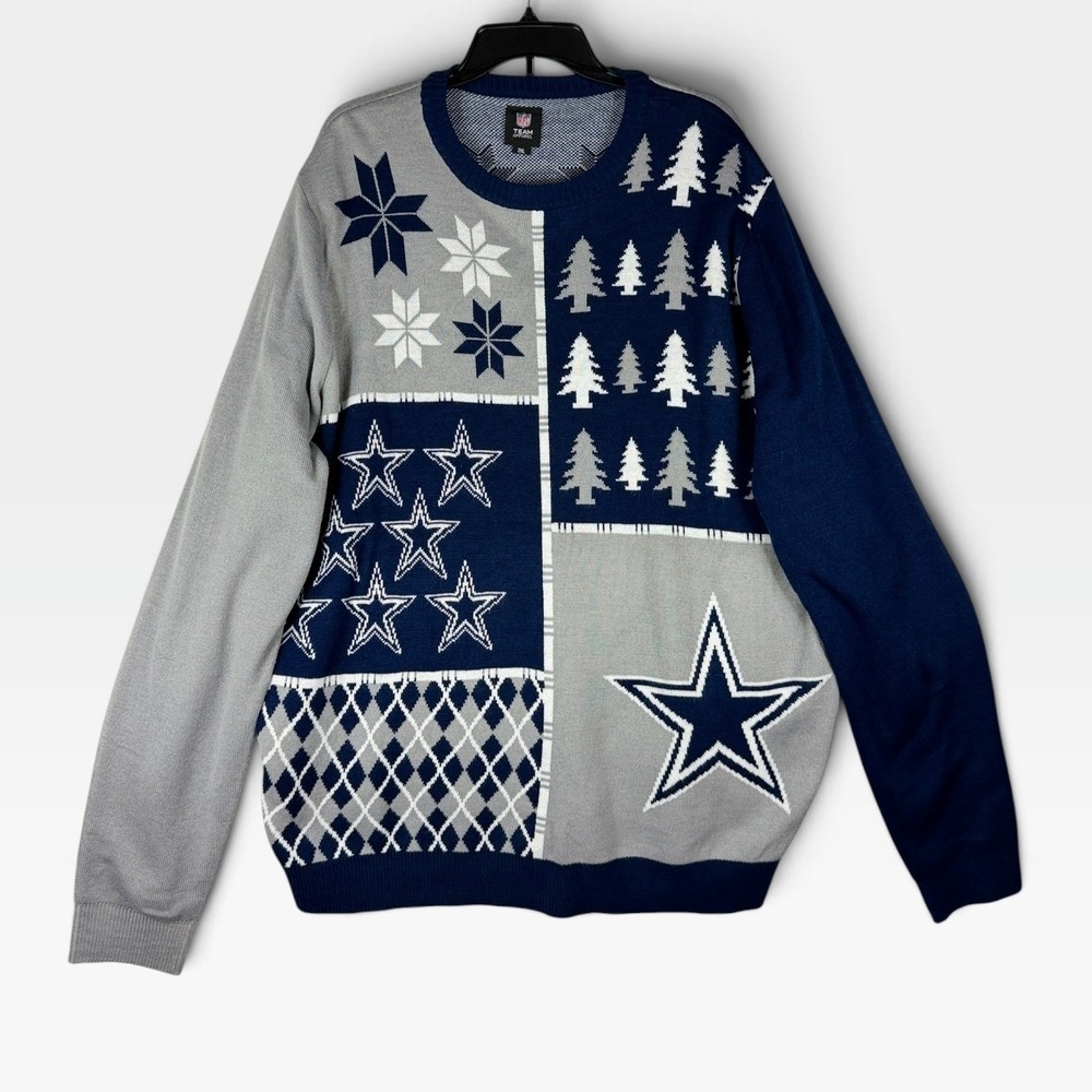 NFL Dallas Cowboys Ugly Christmas Sweater Mens 2XL Blue Grey Patchwork Excellent
